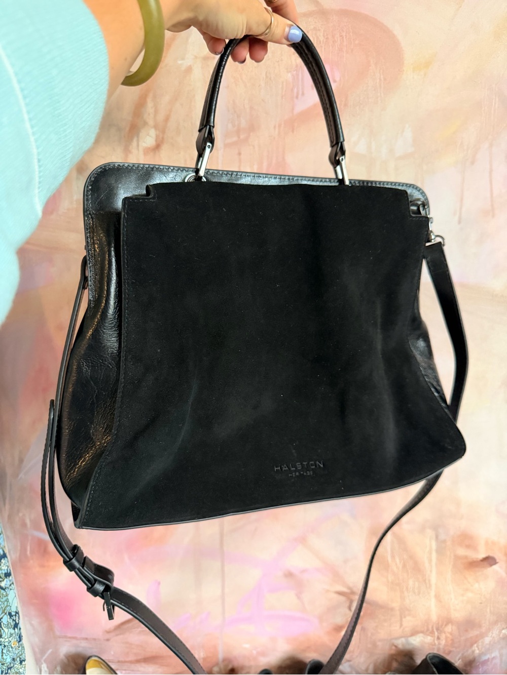 Halston Heritage Black Suede and Leather Top-Handle Satchel